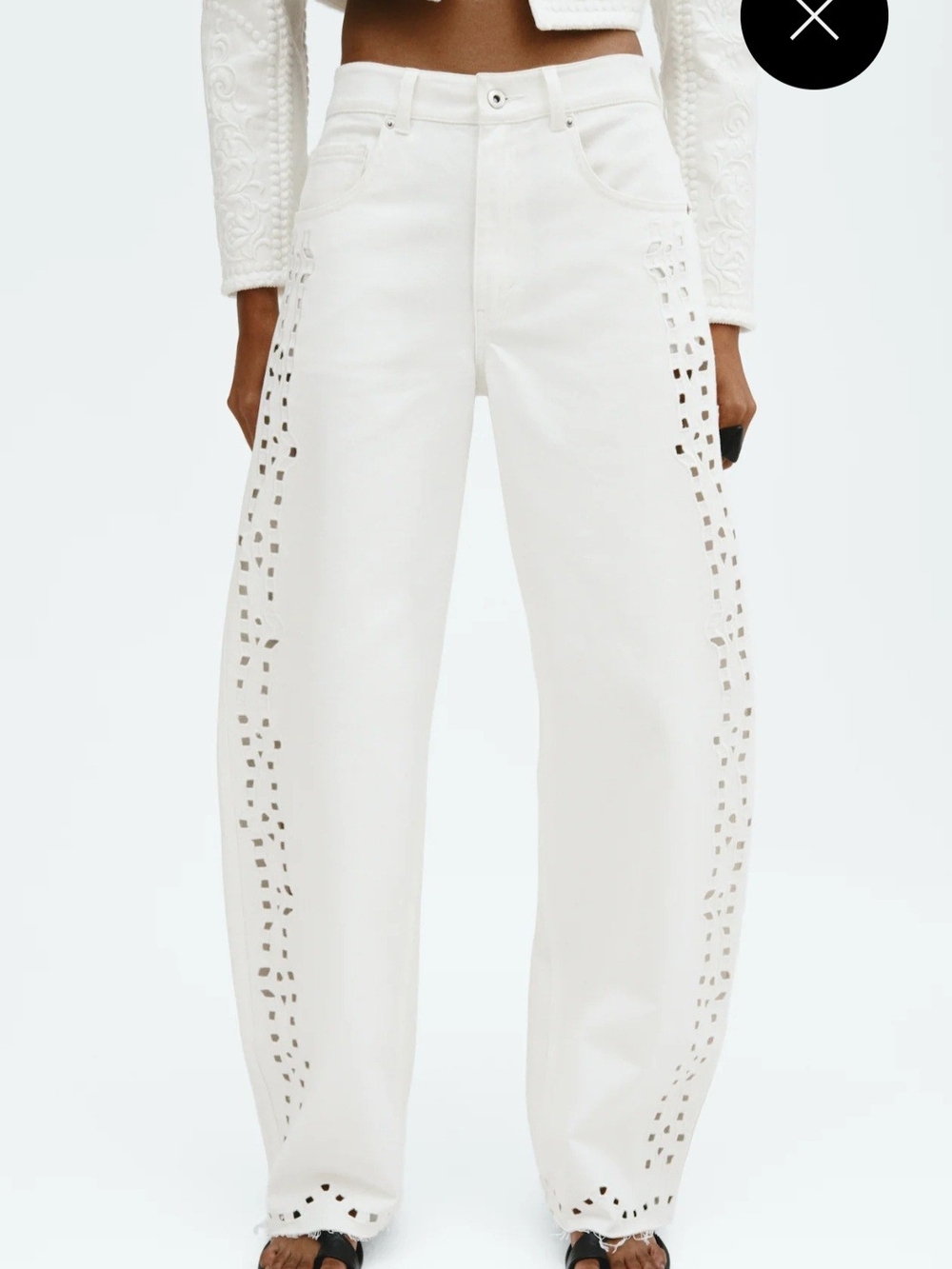 H&M White Wide-Leg Laser-Cut Barrel Jeans NWOT